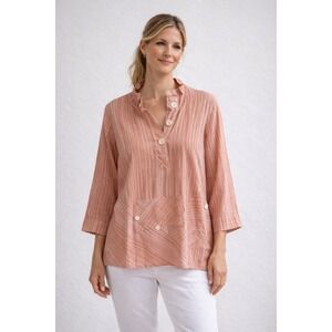 John Mark Womens Coral Pink Striped Ruffle Neck Tunic Top Small Flowy Beachy